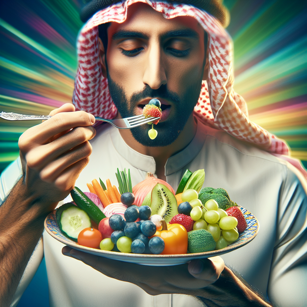A beautifully arranged plate of colorful, fresh vegetables and fruits. A person is seen holding a fork, poised to take a slow, deliberate bite. The background is slightly blurred to keep the focus on the food and the act of eating, evoking a sense of sensory appreciation and mindfulness.
