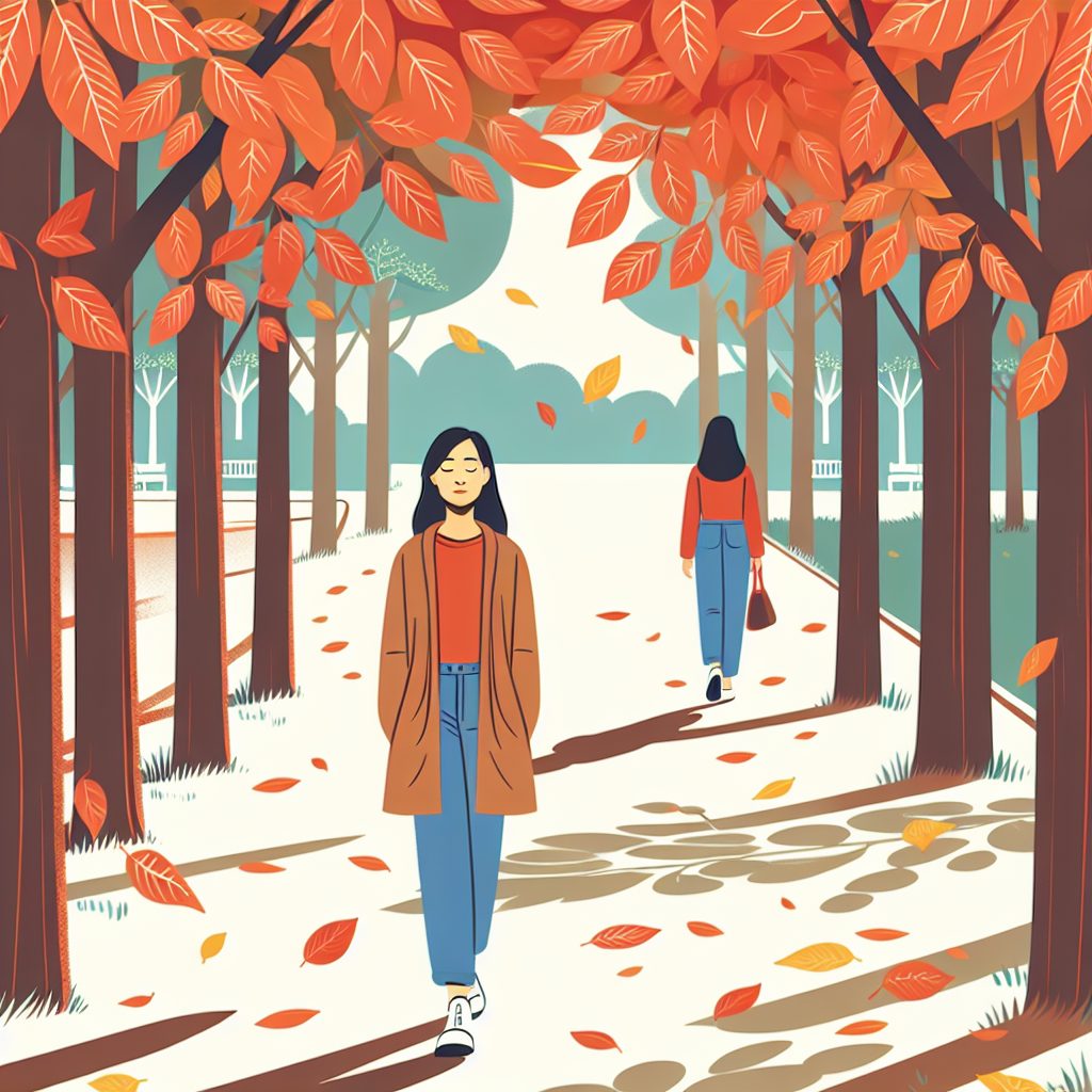 A peaceful park path surrounded by vibrant autumn foliage. A single person is seen walking slowly along the path, their posture relaxed and their face reflecting a sense of awareness and contentment. The image captures the essence of being fully present in the moment.