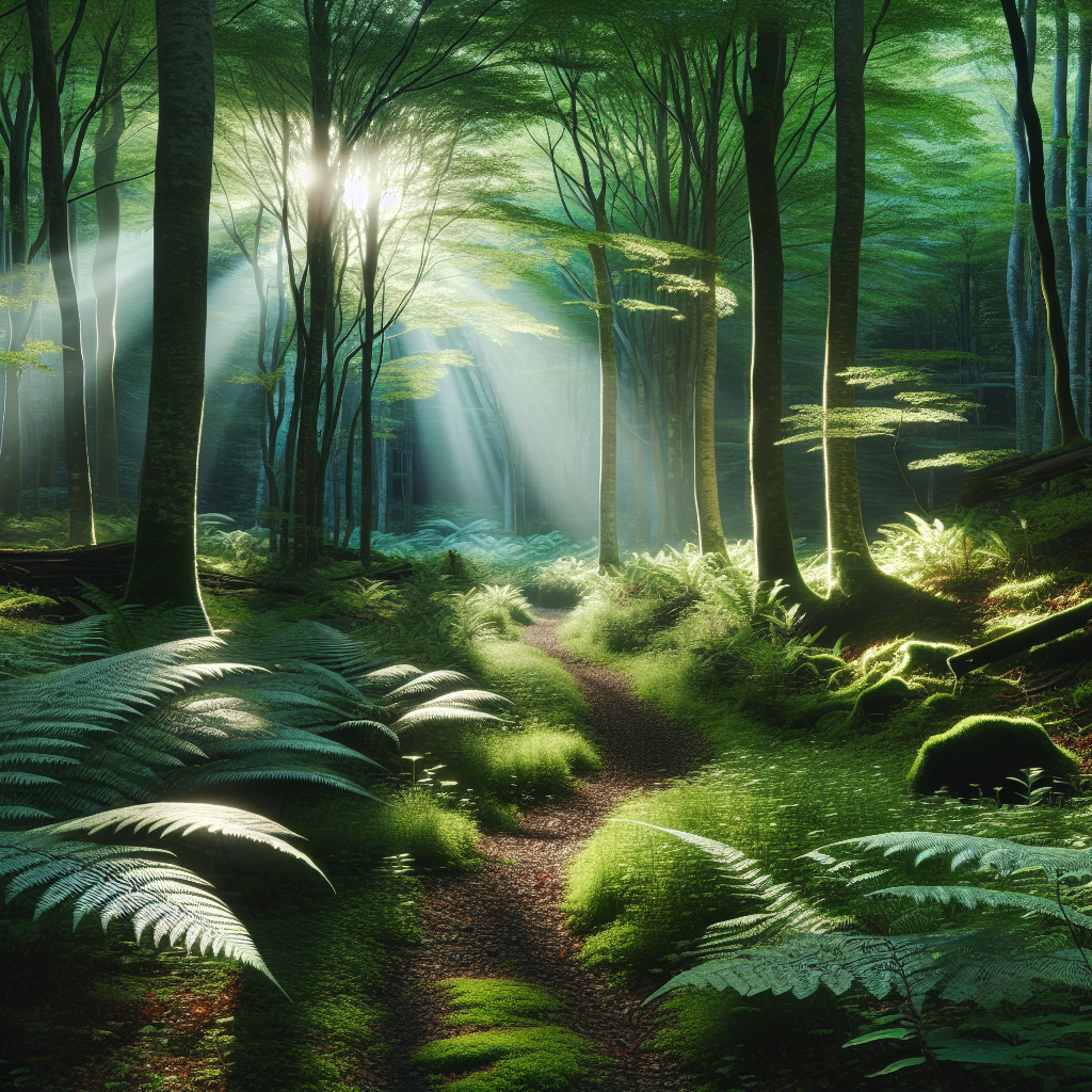 A serene forest scene with sunbeams filtering through the dense canopy, casting a soft glow on the forest floor covered in ferns and moss. The tranquil setting invites the reader to imagine themselves walking along a narrow, winding path that leads deeper into the woods, promoting a sense of calm and connection with nature.