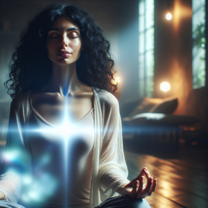 An individual sitting cross-legged in a quiet meditation room, eyes closed, softly chanting 'Om' with gentle ambient light highlighting a serene atmosphere. A subtle aura surrounds the person, symbolizing spiritual elevation and inner peace.