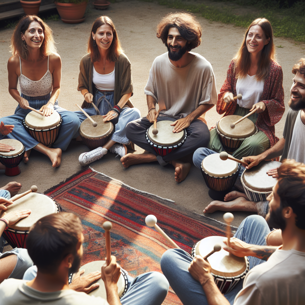 A group of diverse people sitting in a circle in an open outdoor space, each holding a drum, engaged in rhythmic drumming. The energy is high, and smiles are visible, symbolizing a sense of community, emotional release, and spiritual connection.
