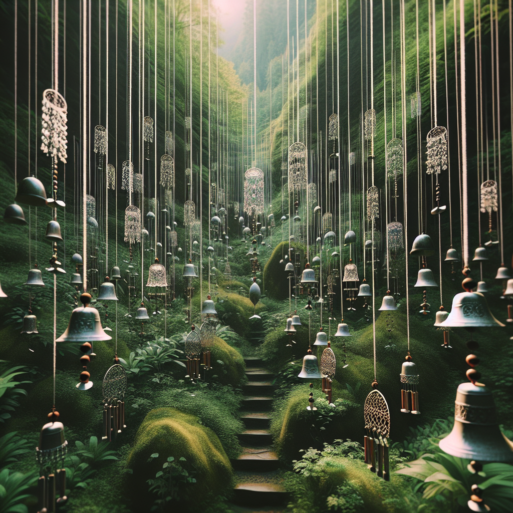 A close-up of delicate wind chimes and Tibetan bells hanging in a peaceful garden with greenery in the background. The chimes are gently swaying in the breeze, creating a tranquil, melodious atmosphere perfect for meditation and spiritual well-being.