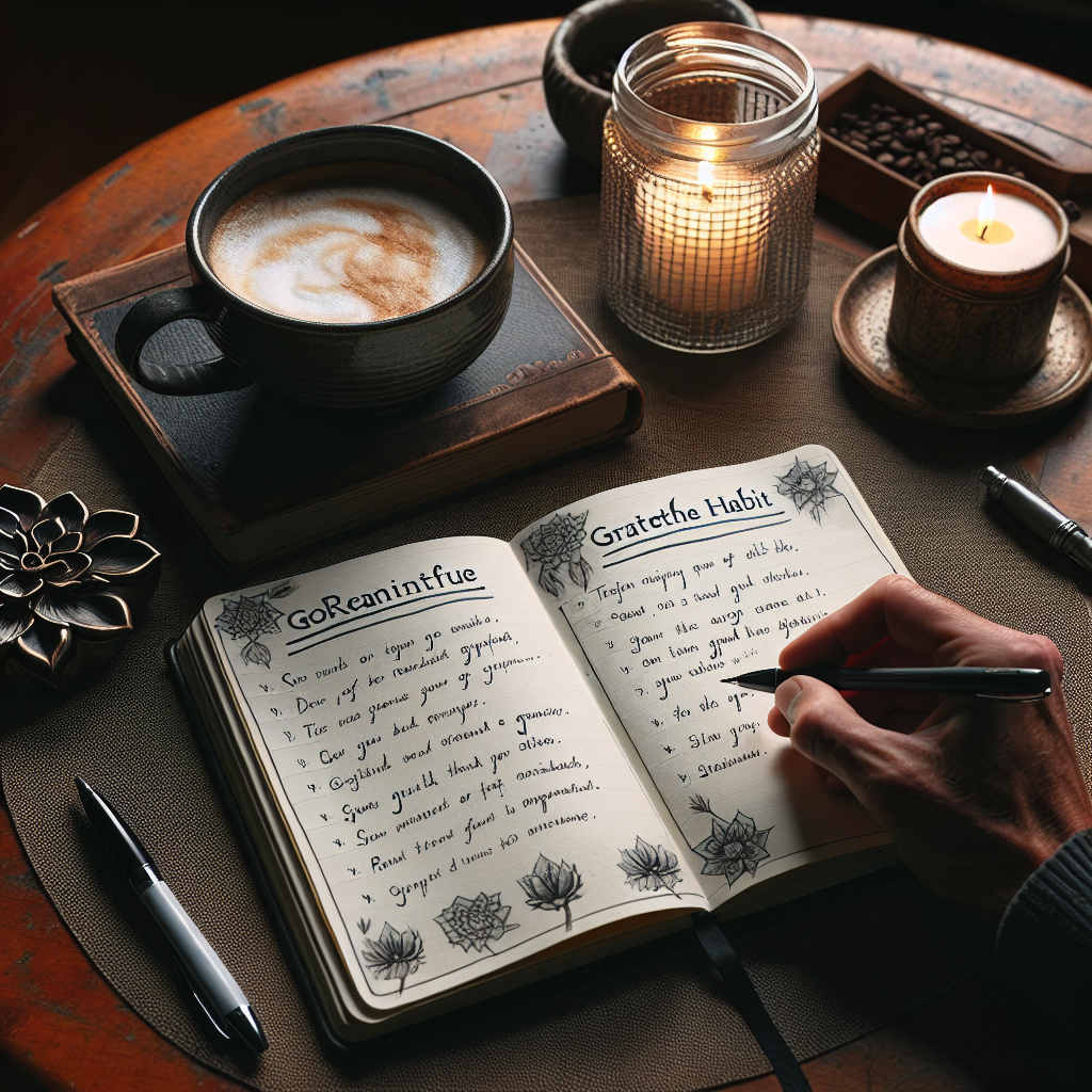 A cozy coffee table with a gratitude journal