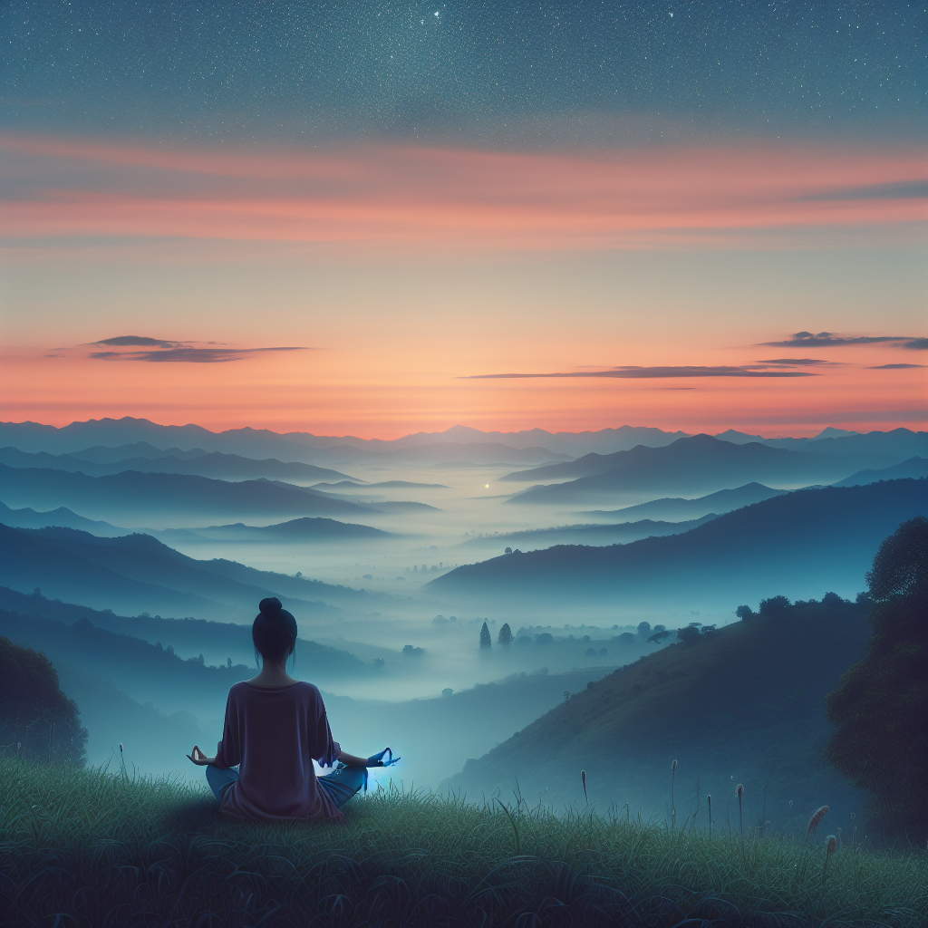 A serene landscape with a person meditating at sunrise