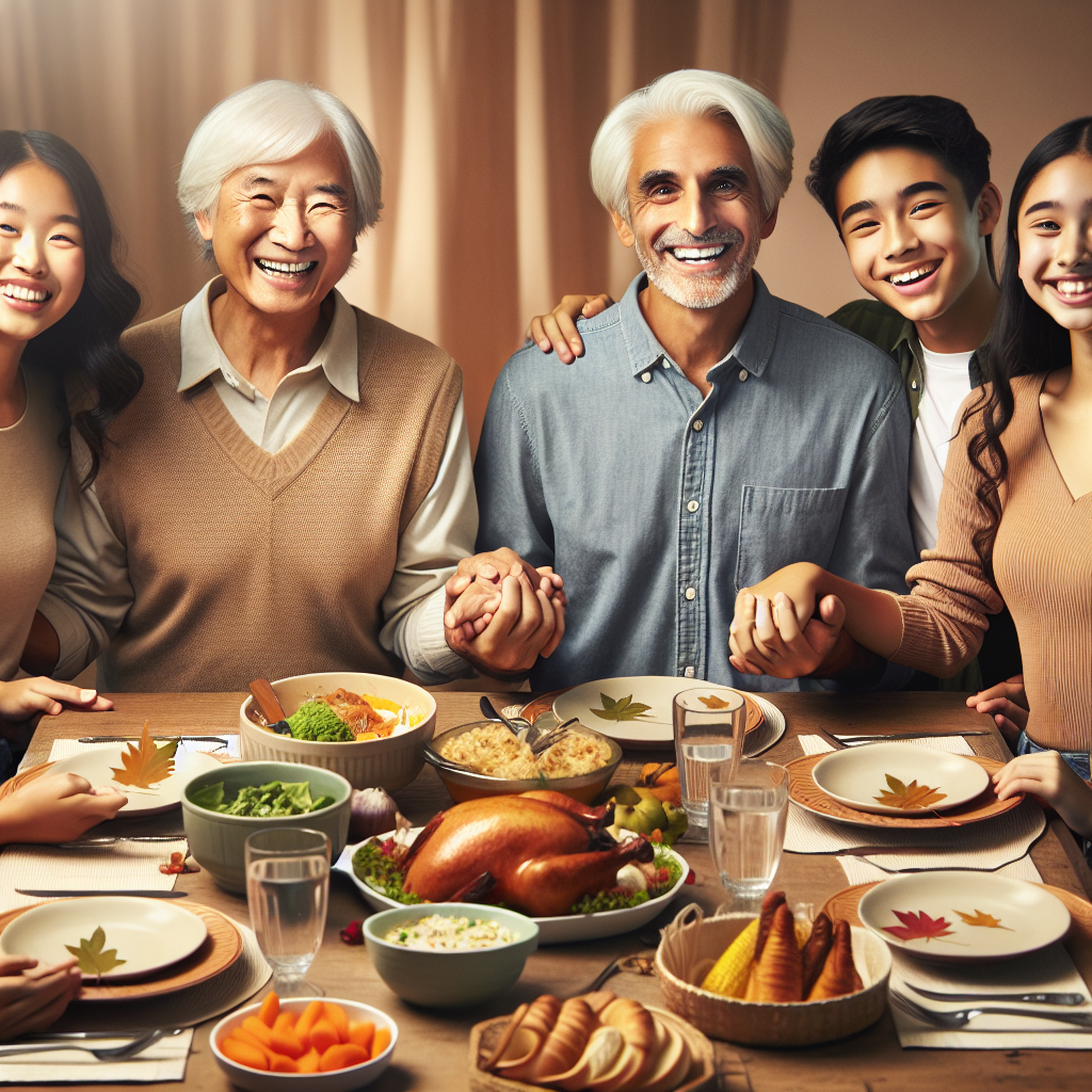 A lively family dinner table sharing gratitude