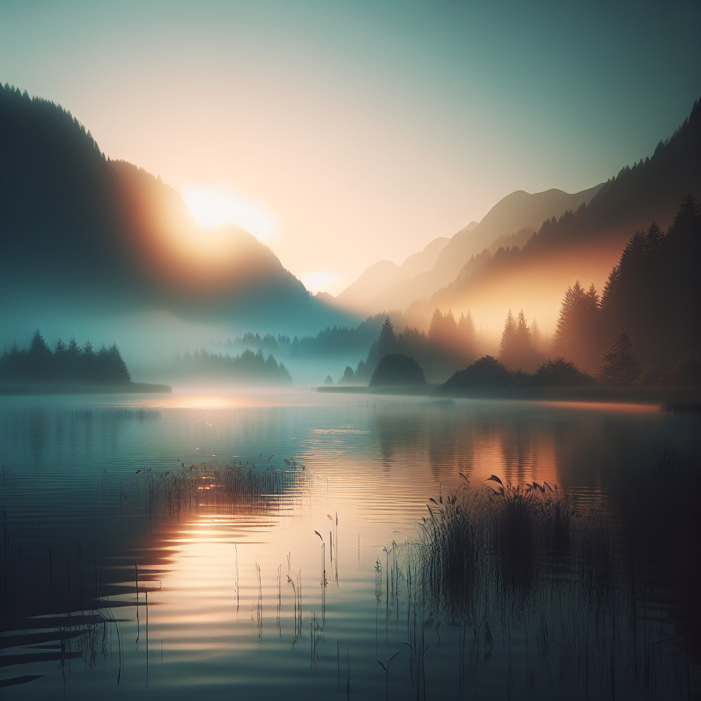 A serene landscape at dawn with mist rising over calm waters, symbolizing moments of peace and tranquility in a fast-paced world.