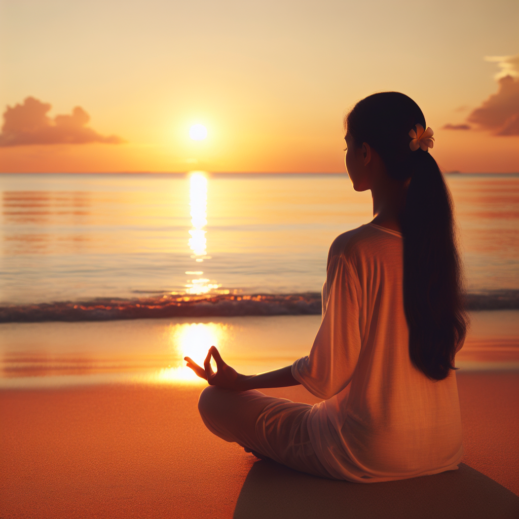 Person meditating on a tranquil beach during sunset