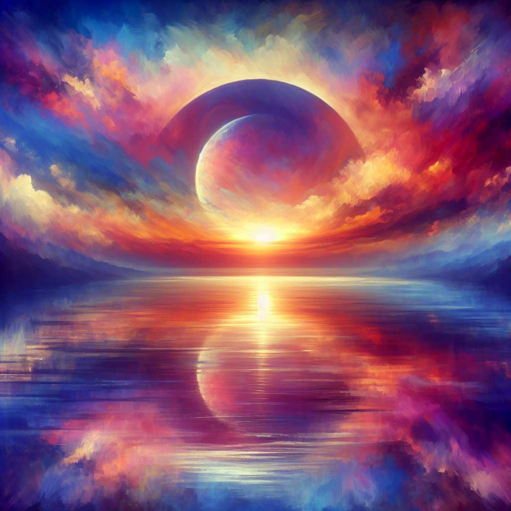 An ethereal sunset over a calm ocean, symbolizing inner peace and the beginning of a spiritual journey. The sky has vibrant hues of orange, pink, and purple, reflecting on the tranquil waters.