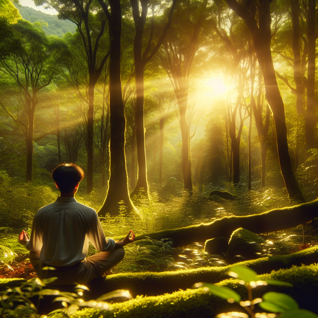 A serene figure meditating in a lush forest during golden hour. The sunlight filters through the trees, creating a peaceful and introspective atmosphere perfect for emphasizing the importance of living in the present moment.