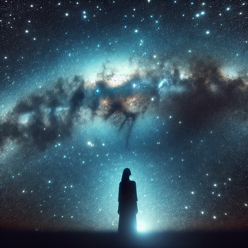 A vast, starry night sky with the Milky Way clearly visible, portraying the infinite nature of the soul's journey and the mysteries of the afterlife. A silhouette of a person gazing upwards adds a sense of wonder and introspection.