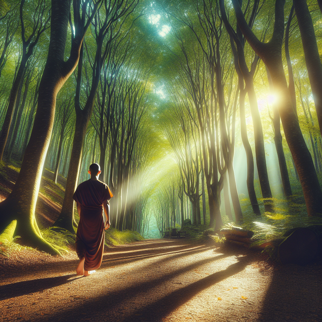 A serene forest path with towering trees on both sides, sunlight filtering through the canopy, and a person walking mindfully, breathing deeply, and embracing the serenity of the woods.