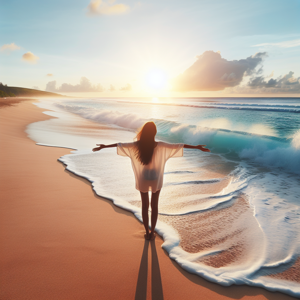 A panoramic view of a pristine beach at sunrise, gentle waves lapping the shore, and a person standing barefoot on the sand, arms open wide to embrace the sea breeze and the energy of the ocean.