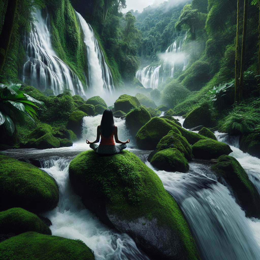 A cascading waterfall in a lush, green forest, with mist rising from where the water hits the rocks below. In the forefront sits a person cross-legged on a rock, eyes closed, meditating peacefully to the sound of the rushing water.