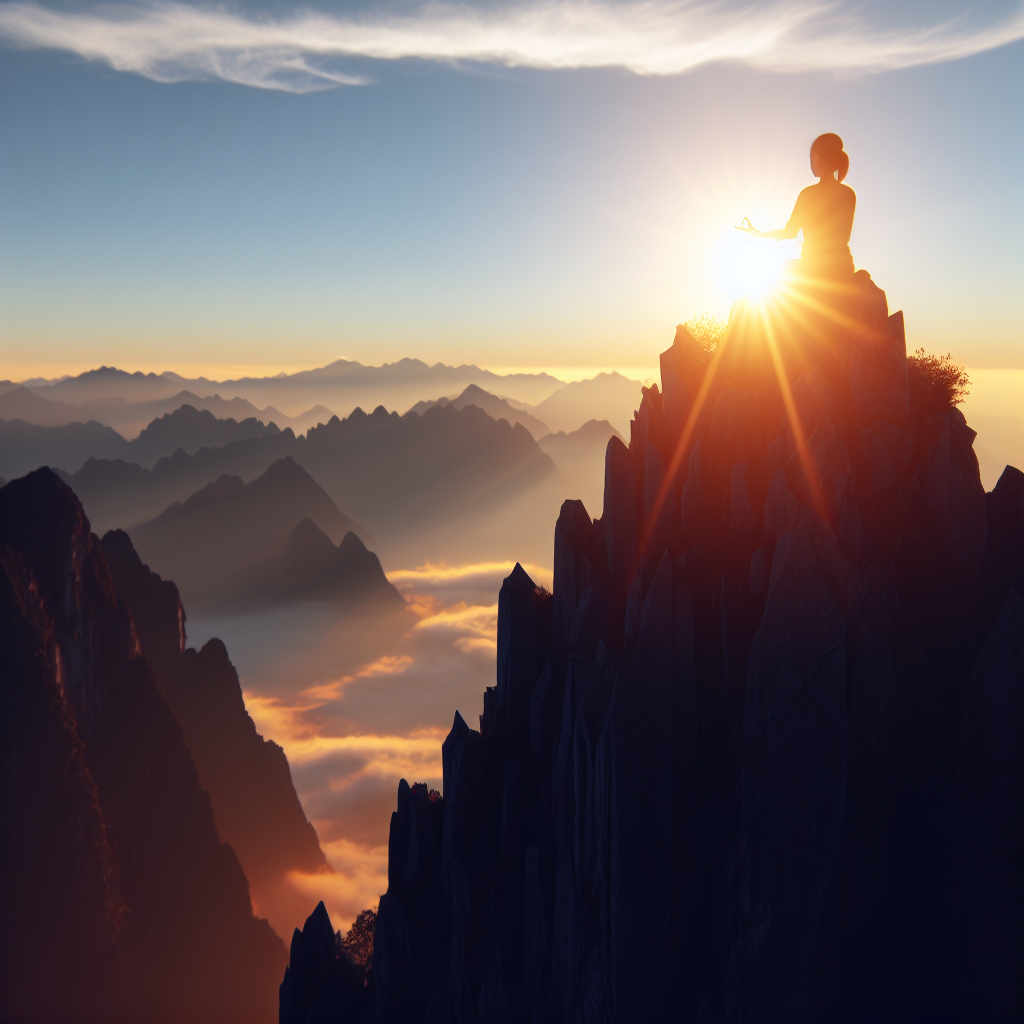 A serene landscape at sunrise with a person meditating on top of a mountain, symbolizing inner peace and potential within.