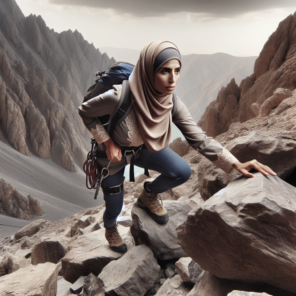 A person climbing a steep, rocky path with a determined look, symbolizing the transformation of obstacles into opportunities.