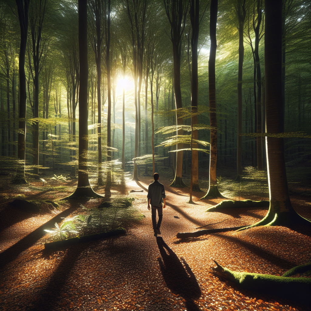 A serene forest scene with light filtering through a dense canopy of trees, creating dappled shadows on a carpet of leaves. A person is slowly walking along a narrow path, taking in the sights and sounds of the forest.