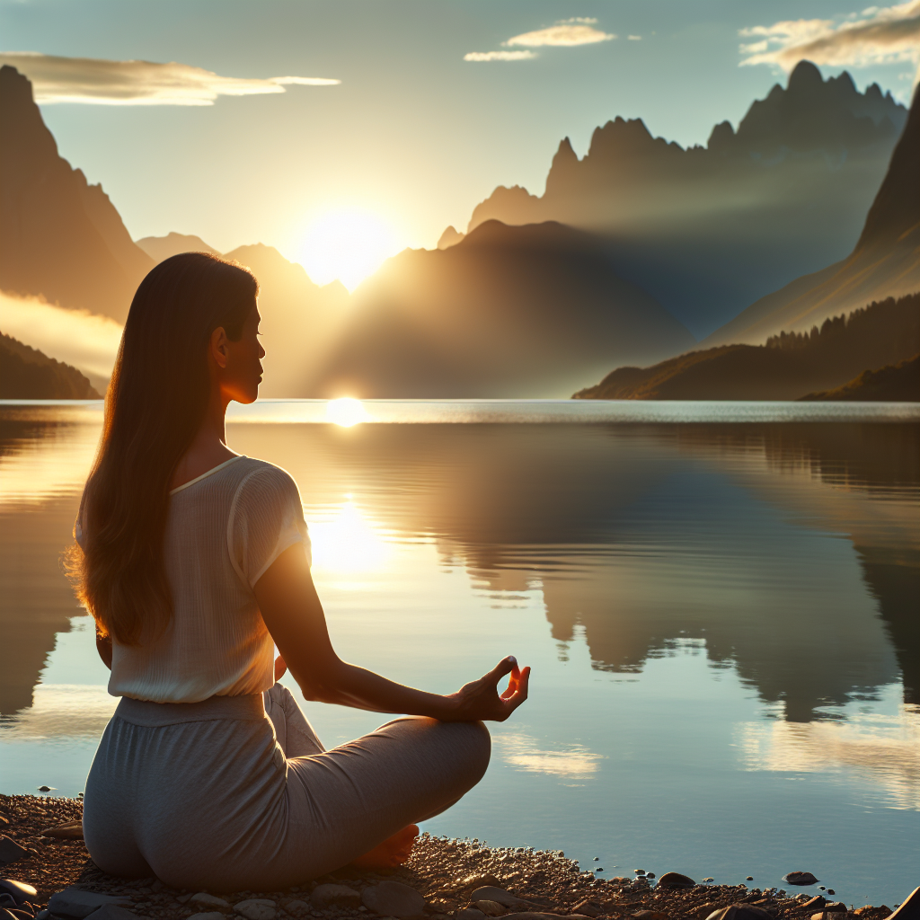 Meditating near a calm lake