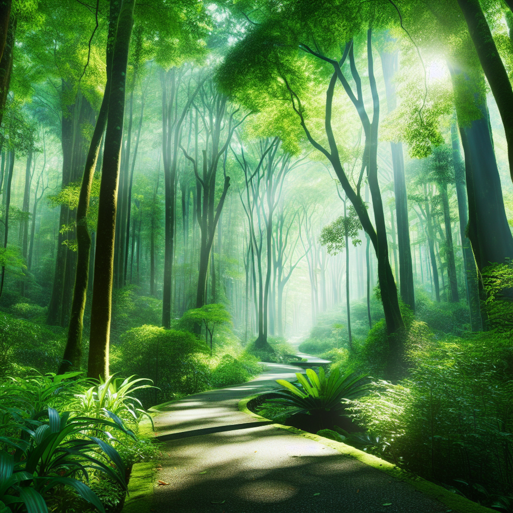 Dense forest with sunlight filtering through