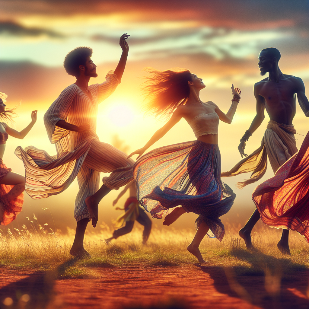 Individuals joyfully dancing in an open field