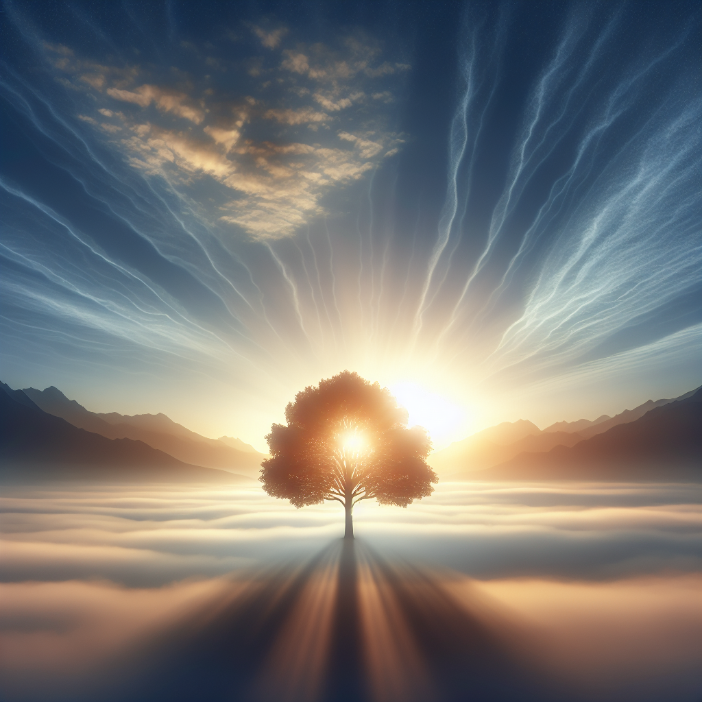 A serene landscape at sunrise with light mist, symbolizing the dawn of spiritual enlightenment. A single tree stands tall in the foreground, representing the solitary journey of introspection and growth.