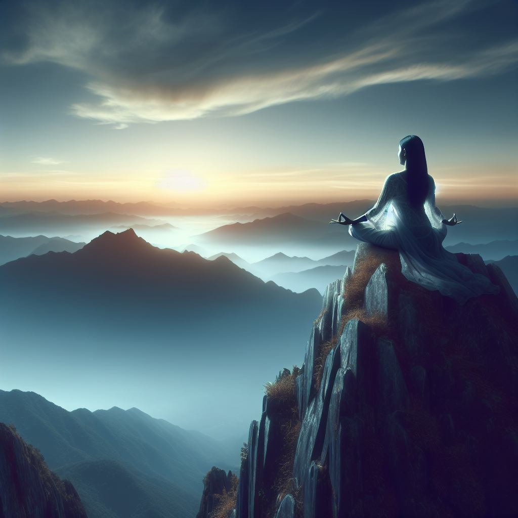 An ethereal image of a person meditating atop a mountain with a vast horizon stretching beyond, signifying liberation from daily life's limitations and the journey towards inner peace.