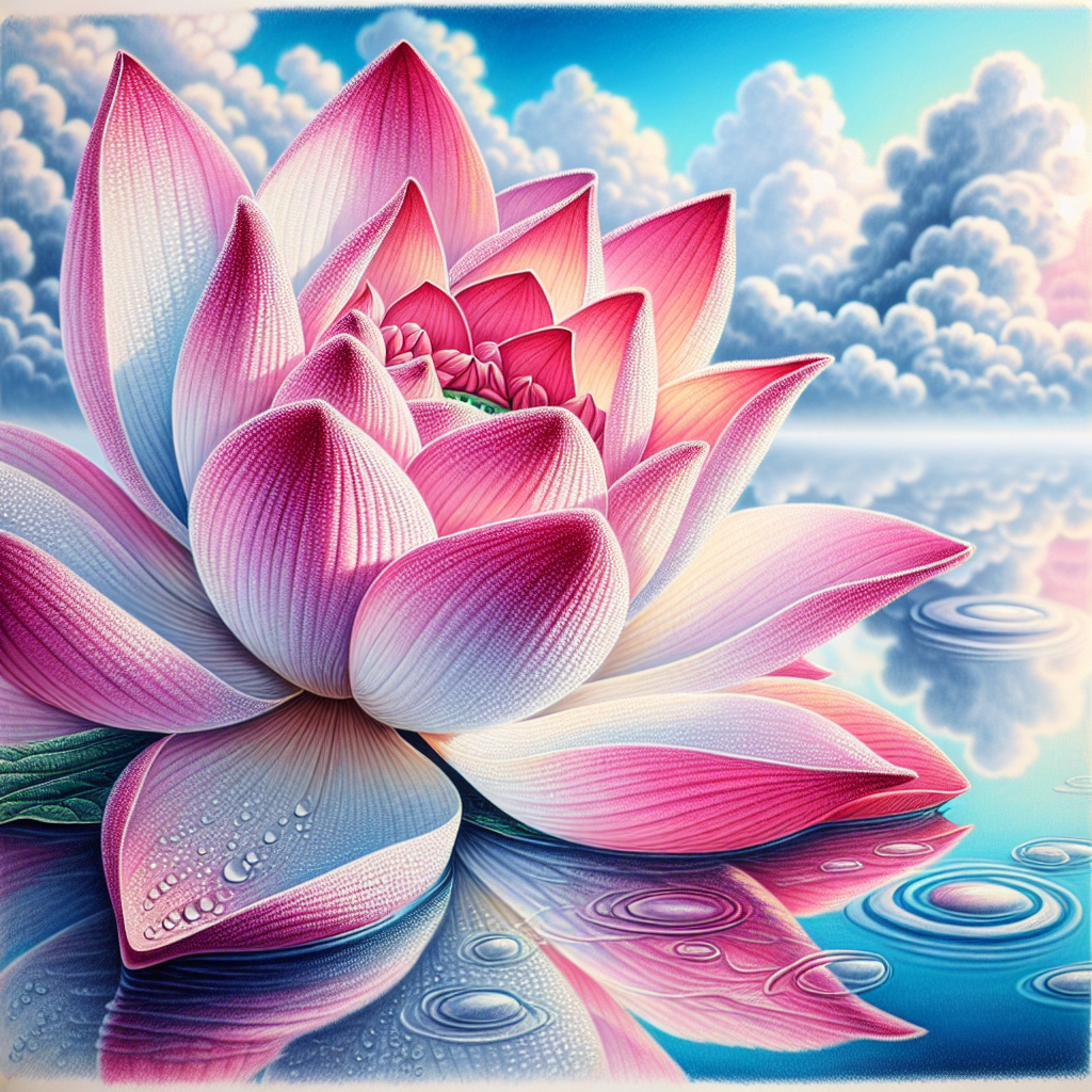 A close-up of a blooming lotus flower floating on a still pond, capturing the essence of being present in the moment. The surrounding water reflects the sky, symbolizing the tranquility and clarity of living in the now.