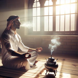 A serene early morning scene with soft sunlight streaming through a window, illuminating a person sitting cross-legged on the floor with eyes closed, engaged in meditation. A small incense burner emits a thin trail of smoke, adding to the peaceful ambiance.