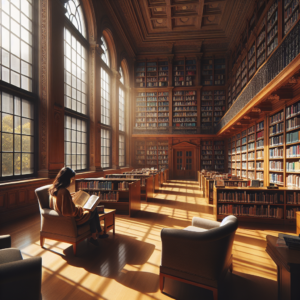 A well-lit, cozy library interior with high wooden bookshelves filled with colorful books, a few comfortable armchairs, and large windows letting in natural sunlight. A person is quietly reading in the corner, exemplifying the tranquility the library offers.