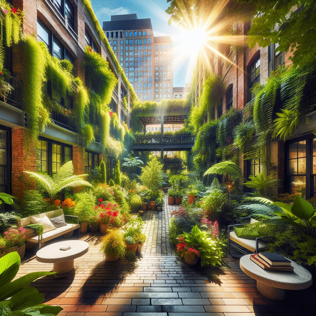 A secluded urban courtyard filled with green plants, colorful flowers, and a few stone benches. The space is dappled with sunlight filtering through the leaves, providing a perfect spot for a peaceful retreat amidst the city.