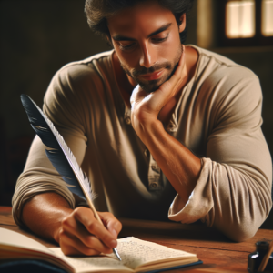 A serene image of a person in a quiet room, sitting at a wooden desk with a journal and pen, their hand freely moving across the paper as if in deep thought, capturing the essence of automatic writing.