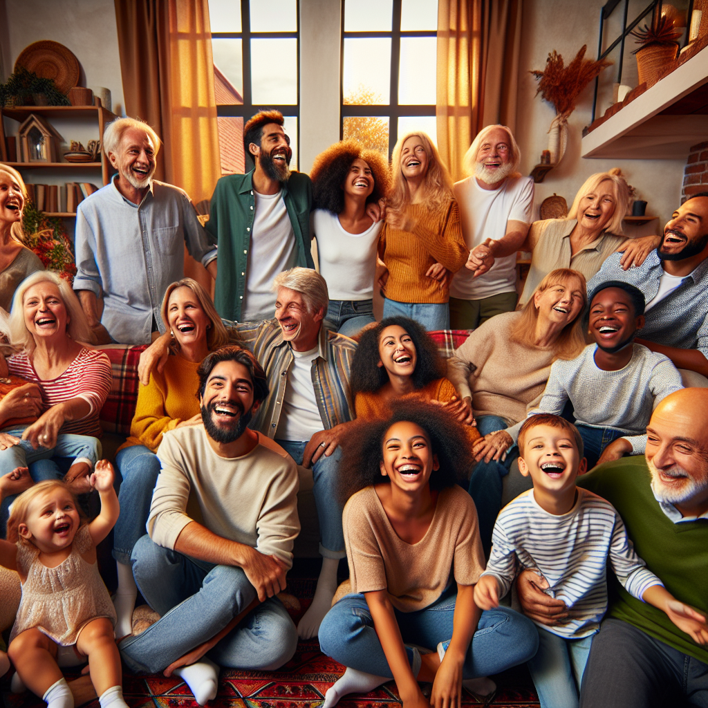 A vibrant, multi-generational family gathering sharing laughter and smiles