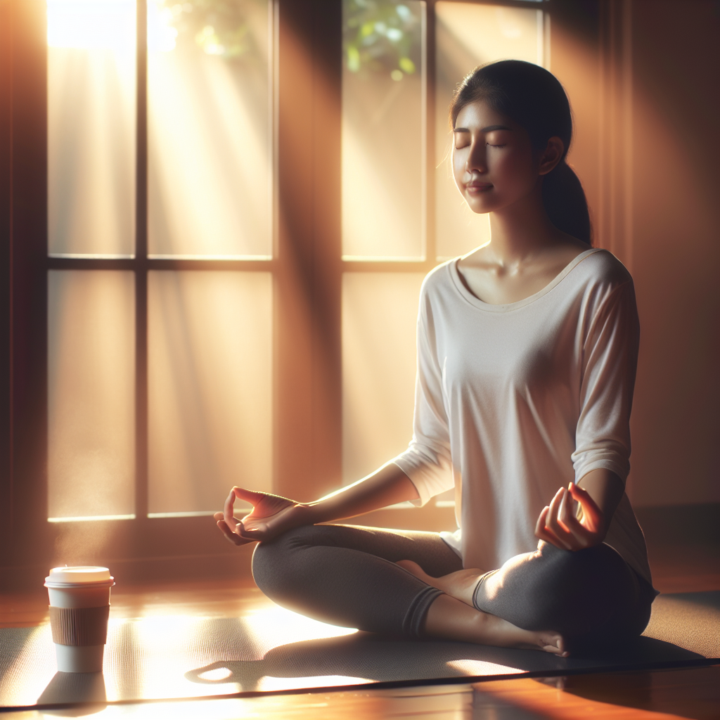 A serene morning scene with a person sitting cross-legged on a yoga mat, eyes closed, enjoying a quiet meditation