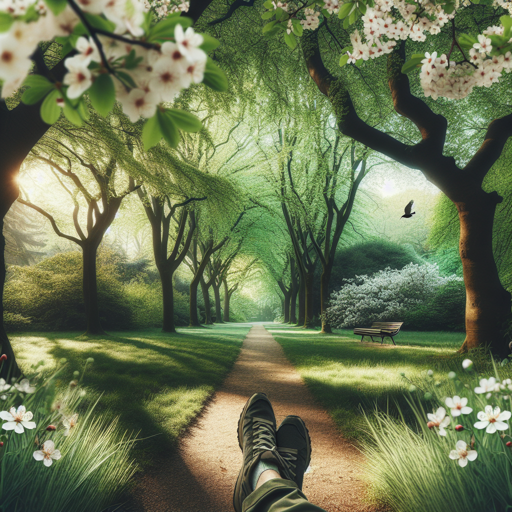 A tranquil pathway in a lush green park