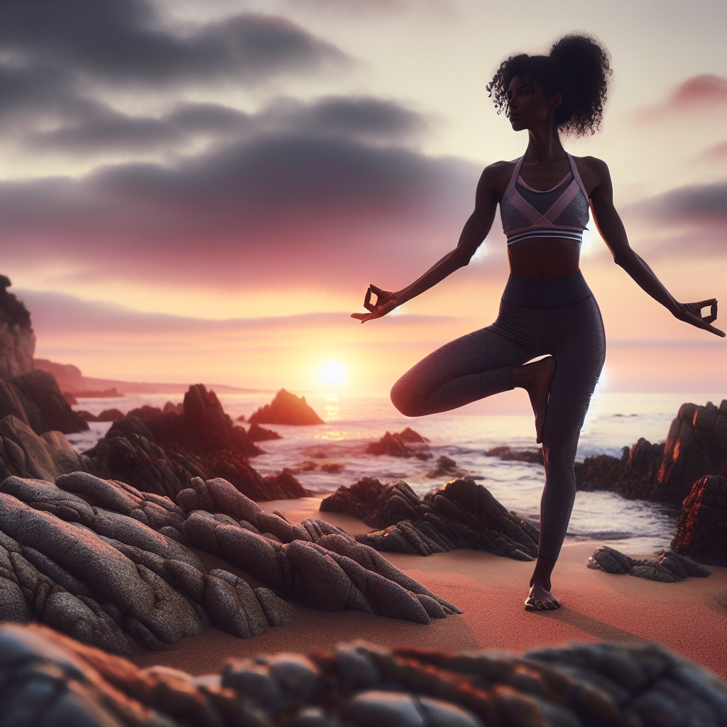 An individual practicing yoga on a rocky beach during sunrise, capturing the essence of physical exercise intertwined with spiritual clarity in a natural setting.