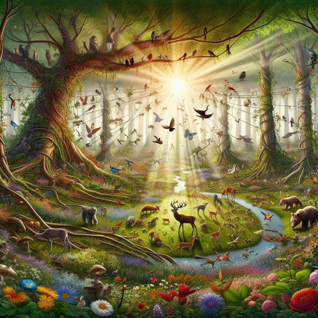 A vast, interconnected forest ecosystem with various flora and fauna thriving, symbolizing the profound sense of belonging and harmony that one feels when immersed in nature.