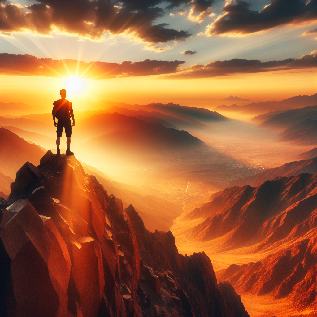 A lone hiker standing triumphantly at the summit of a majestic mountain