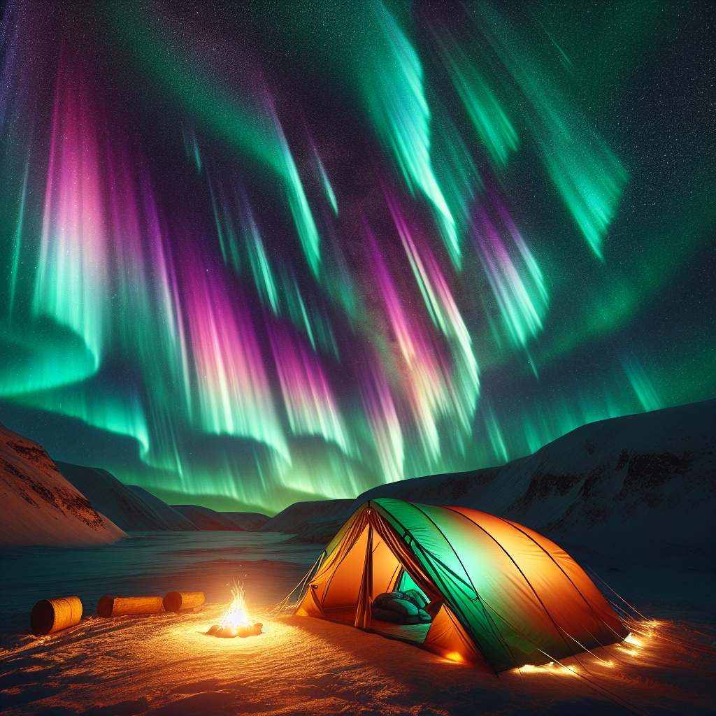 A cozy campsite beneath the Aurora Borealis
