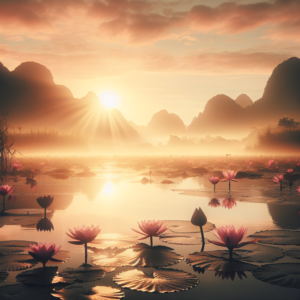 A serene landscape featuring a peaceful lotus pond at sunrise, with soft, warm light highlighting the still water and floating lotus flowers. This image evokes the calm and tranquility that meditation brings, aiding in stress and anxiety reduction.