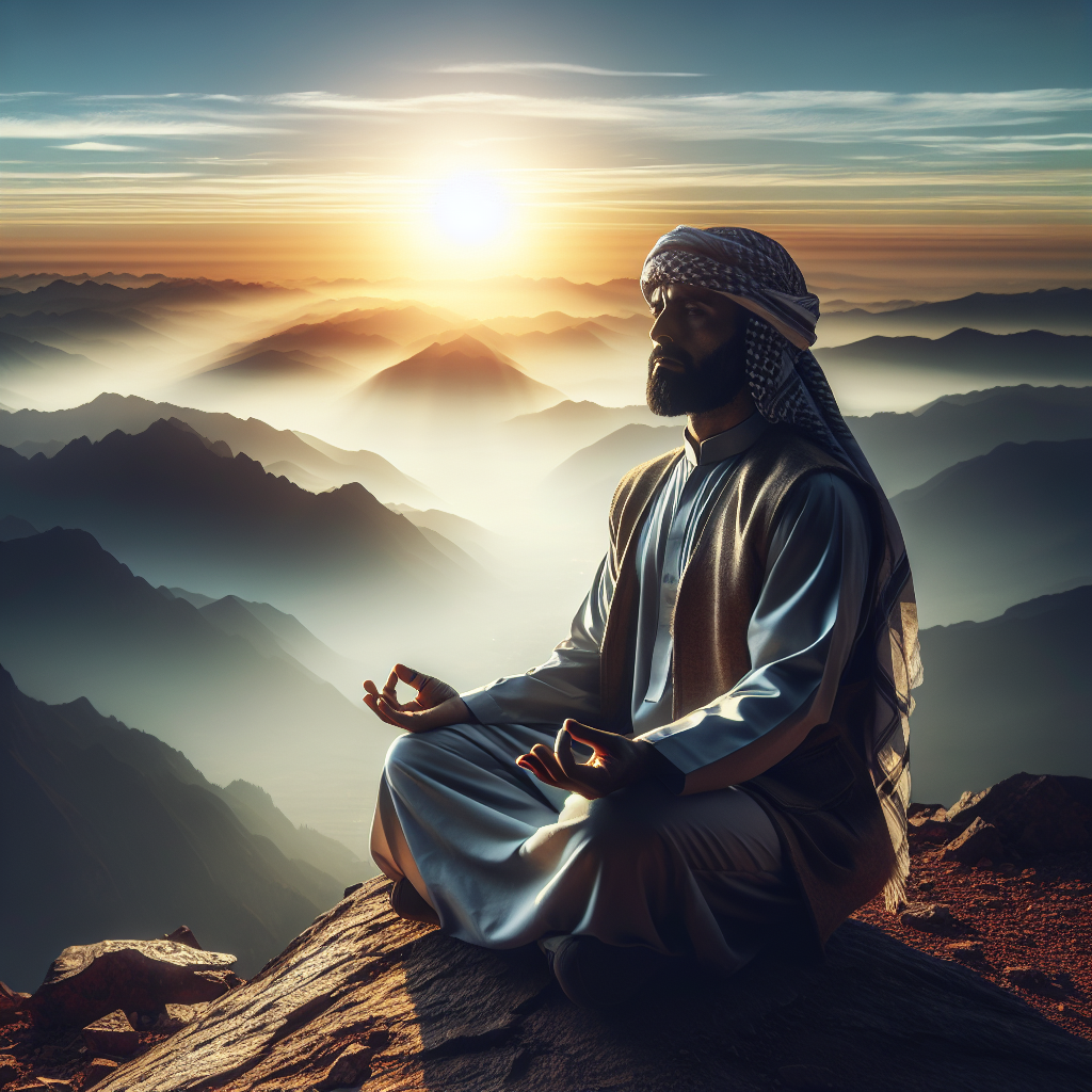 Person sitting cross-legged on a mountain top at sunset