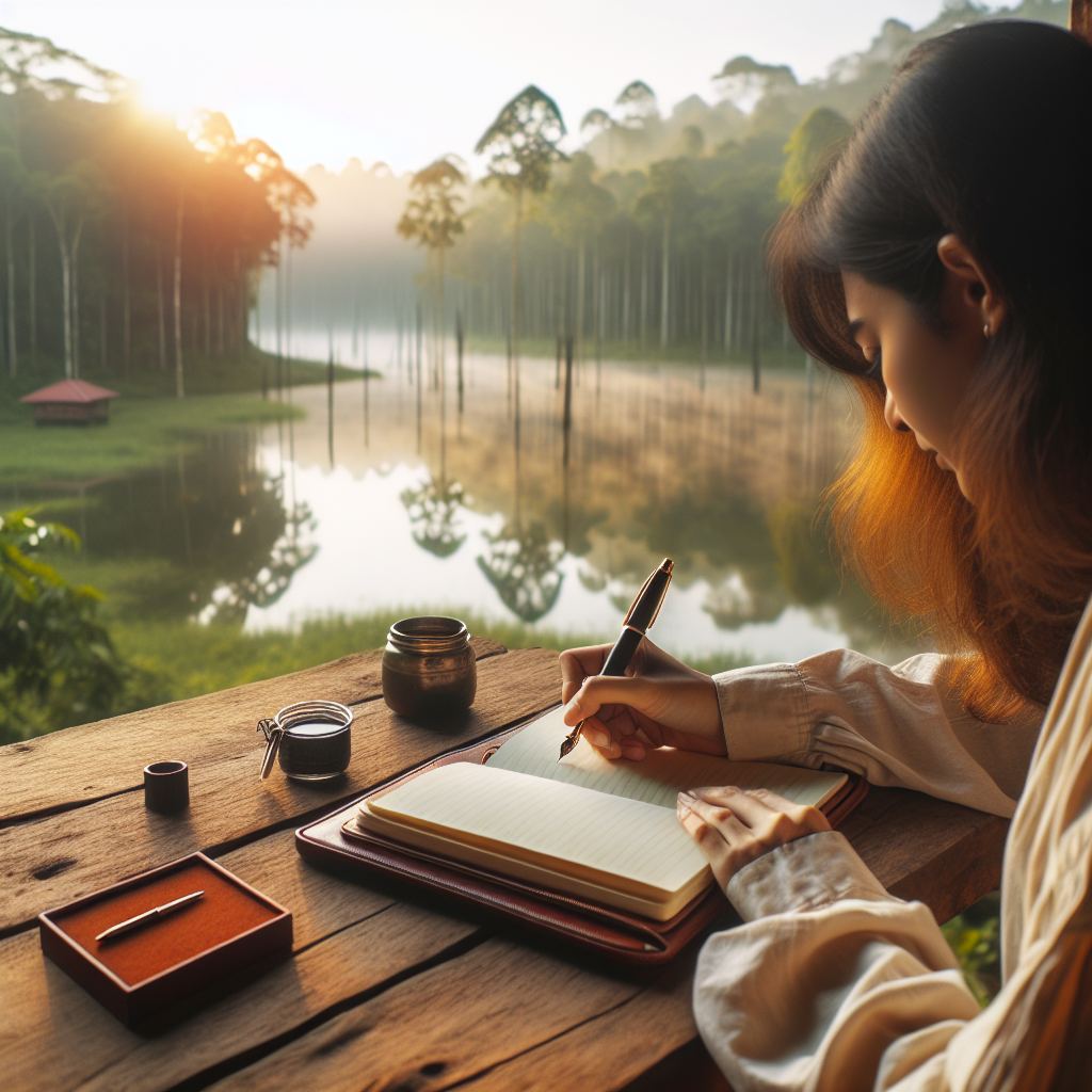 A person sitting at a rustic wooden desk, writing in a journal with a serene outdoor backdrop of morning sunrise
