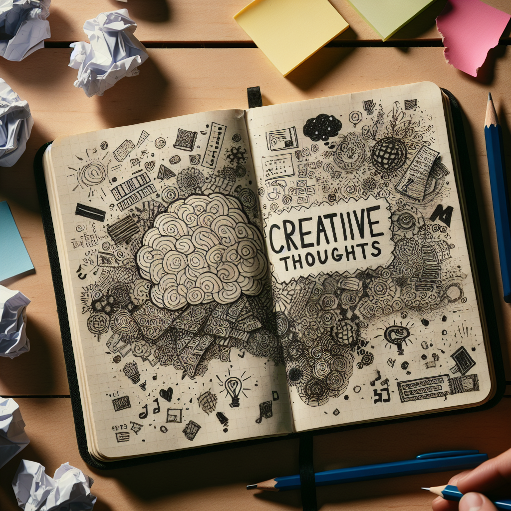 A close-up of a journal with handwritten notes and doodles, surrounded by scattered sticky notes and crumpled paper