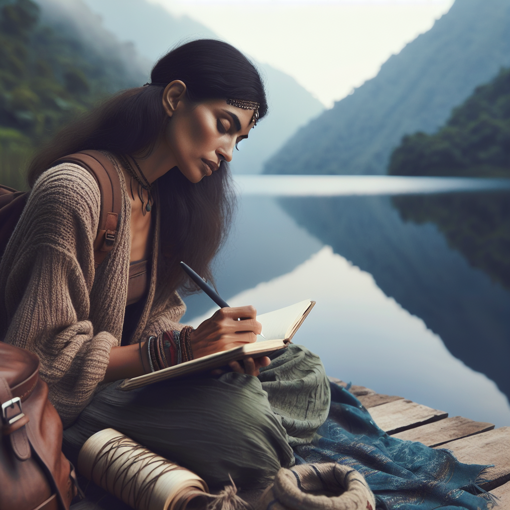 A person in deep thought, writing in a journal while sitting by a peaceful lake
