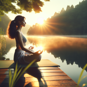 A serene scene of an individual seated in the lotus position on a yoga mat, eyes closed, meditating at sunrise by a tranquil lake. Soft light reflects off the water, and the surrounding nature exudes calm.