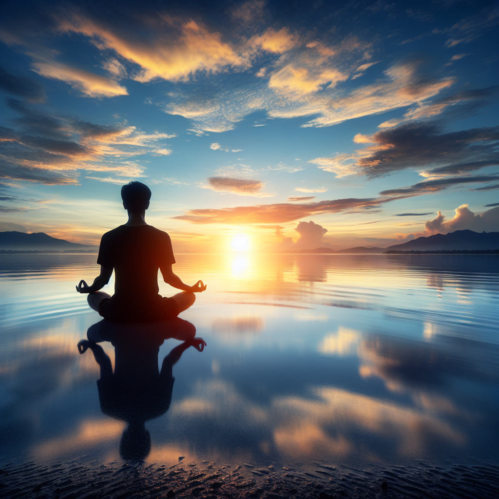 A serene image of a person meditating on a lakeside at sunrise, with calm waters reflecting the sky. This visual encapsulates the essence of living in the present moment and finding peace within, echoing the teachings of Eckhart Tolle.