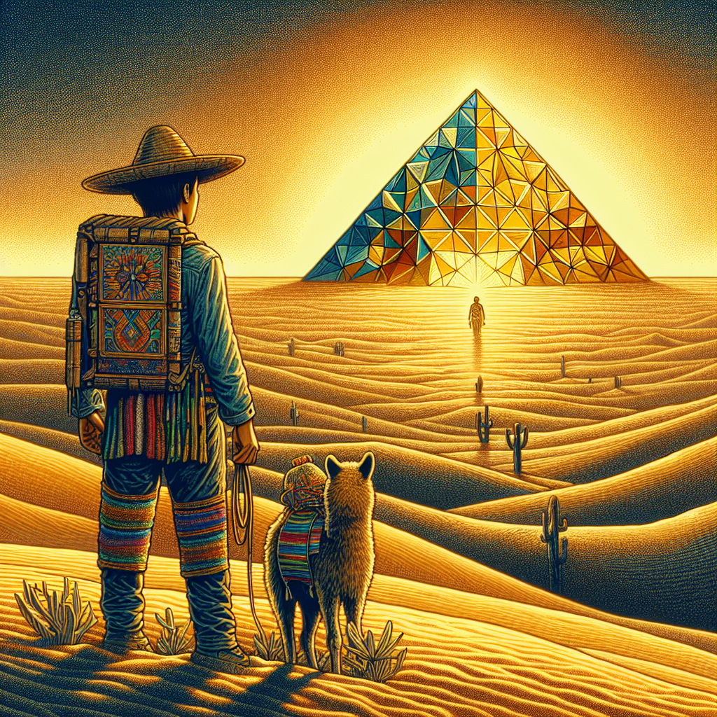 A vibrant illustration of a young shepherd standing at the edge of a desert, looking towards a distant, shining pyramid. The scene is bathed in golden hues, symbolizing the journey of following one's dreams and the adventure of self-discovery.