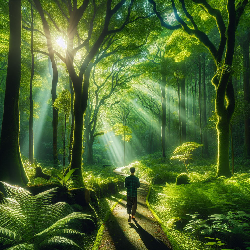 A picturesque path winding through a lush forest with green canopies overhead. Sunlight filters through the leaves, creating dappled shadows on the ground as a person walks mindfully, savoring each moment. The surrounding tranquility highlights the connection to nature and oneself.