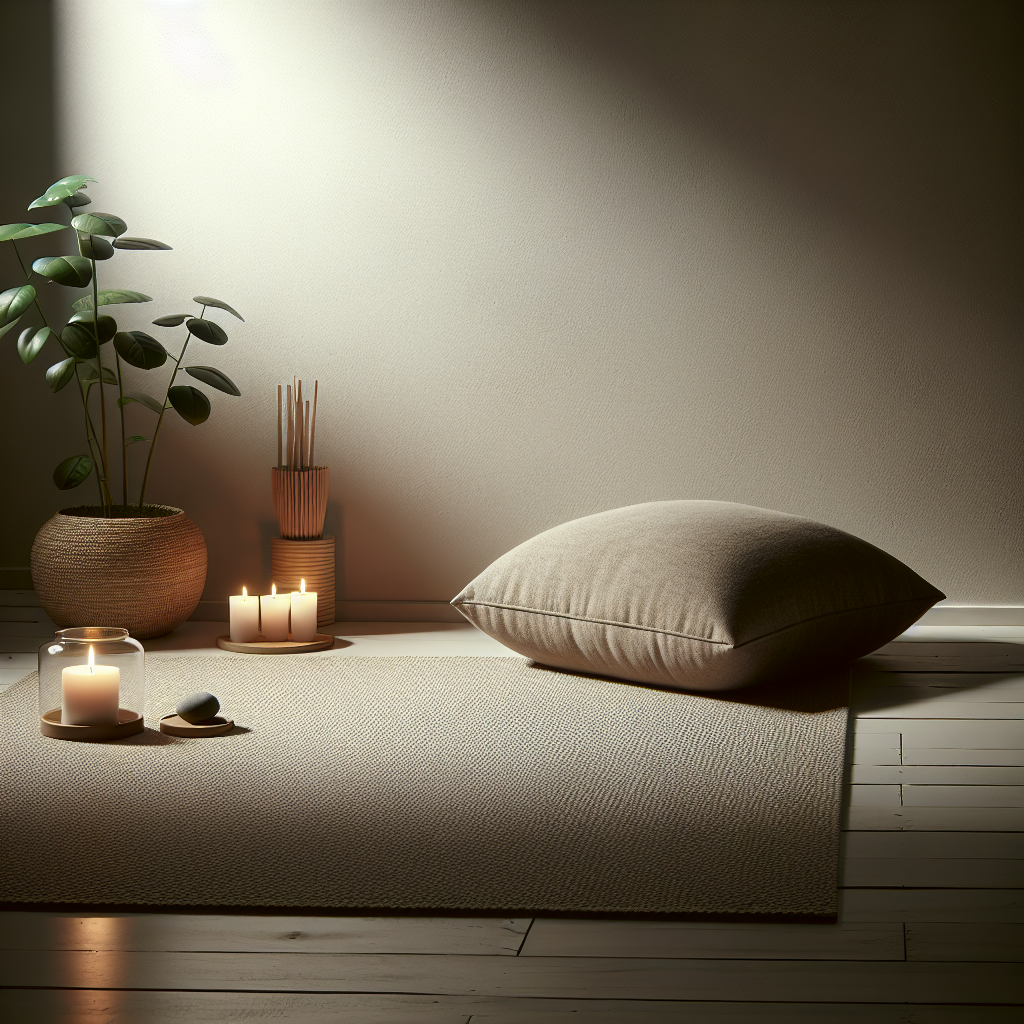 A cozy corner of a minimalist room dedicated to meditation. A soft cushion is placed on a simple rug with a few candles and a plant nearby, creating an ambiance of peace and solitude. The subtle lighting suggests a sanctified space perfect for silent reflection.