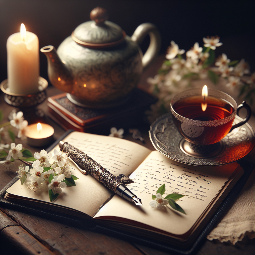 Gratitude journal with herbal tea and candles