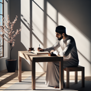 A person sitting at a minimalist desk, devoid of any electronic devices, focusing intently on writing in a notebook. Natural light pours in through a nearby window, highlighting the serene and distraction-free environment.