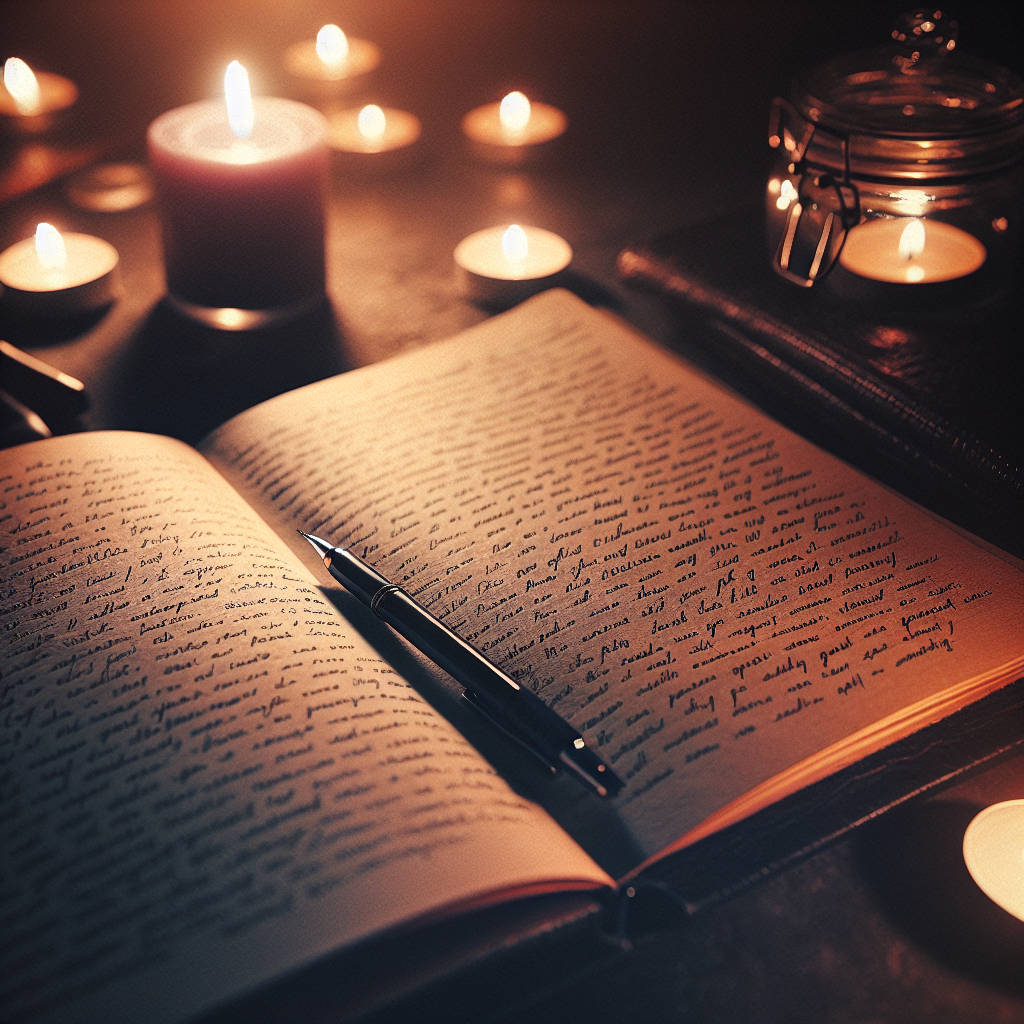 An open journal with a pen lying across its pages, surrounded by soft candlelight and a cozy, peaceful environment.
